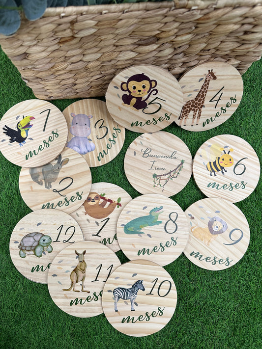 Cumple mes de madera personalizados para bebés animales